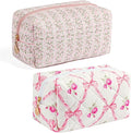 Gleyemor 2 Pieces Quilted Makeup Bag, Cute Floral Cosmetic Bag for Women, Cotton Make Up Bag Set, Flower Travel Toiletry Bag Tote Pouch Organizer (Pink Floral+ Pink Rose)