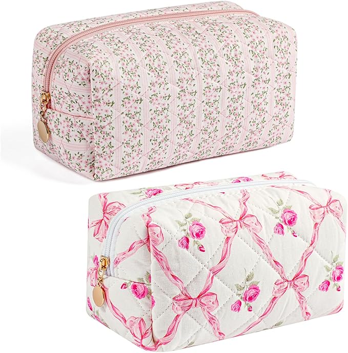 Gleyemor 2 Pieces Quilted Makeup Bag, Cute Floral Cosmetic Bag for Women, Cotton Make Up Bag Set, Flower Travel Toiletry Bag Tote Pouch Organizer (Pink Floral+ Pink Rose)