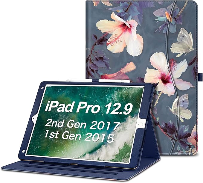 Fintie Multi-Angle Case, 2017/2015 iPad Pro 12.9 inch (Old Model) 1st & 2nd Gen Case - [Corner Protection] Folio Stand Cover with Pencil Holder & Pocket, Auto Wake/Sleep, Blooming Hibiscus