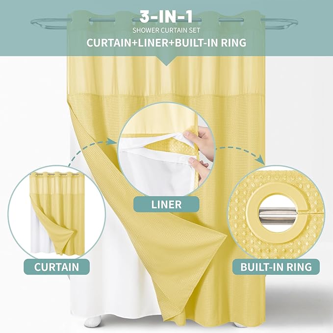 eachope Yellow No Hook Waffle Weave Shower Curtain with snap-in Liner Replacement, 230GSM Waterproof Fabric Hotel Shower Curtain Set for Bathroom, Through Mesh Top Window,71Wx77H