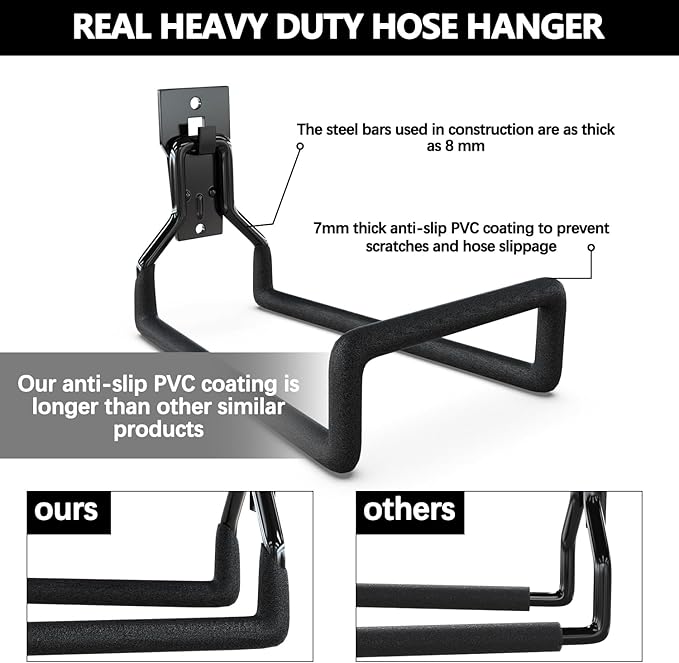 3-H Solid Steel Garden Hose Holder - 4 Pack Wall Mount Hanger with Extension Strap for Outdoor Air Hose, Ropes, Pipes & More