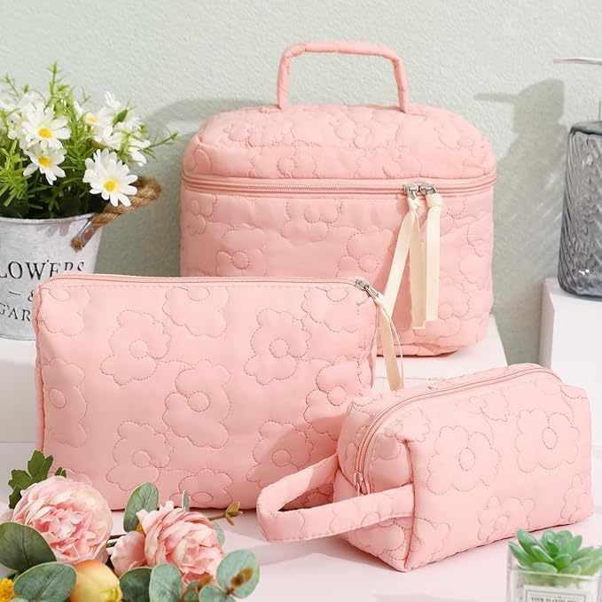 Paterr Makeup Bag Set 3 Pcs Large Quilted Cotton Make up Bags for Women Cosmetic Travel Toiletry Organizer Pouch Cute Aesthetic Storage Purse(Pink,Pink Flower)