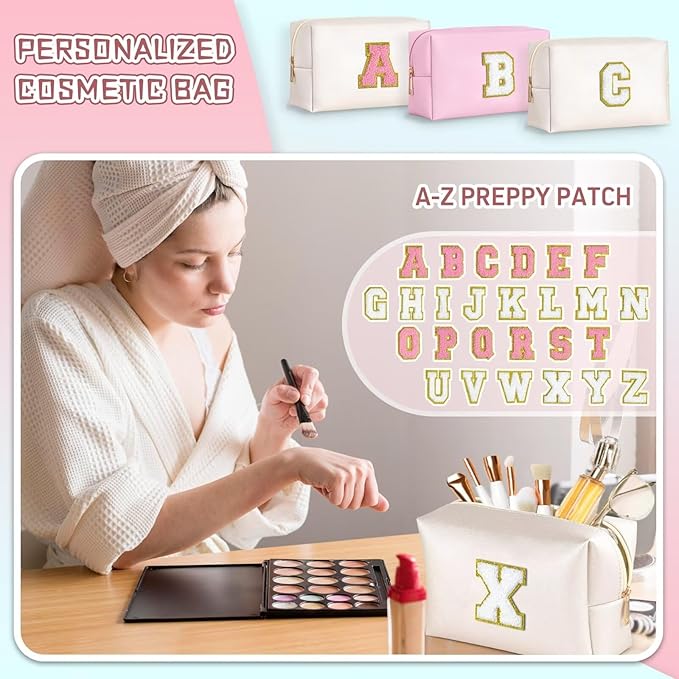 TOPEAST Personalized Makeup Bag, Chenille Letter Pouch Cosmetic Bag w Zipper, PU Leather Waterproof Toiletry Bag, Bridal Shower Gifts for Bridesmaids, Cute Stuff for Girls (White P)