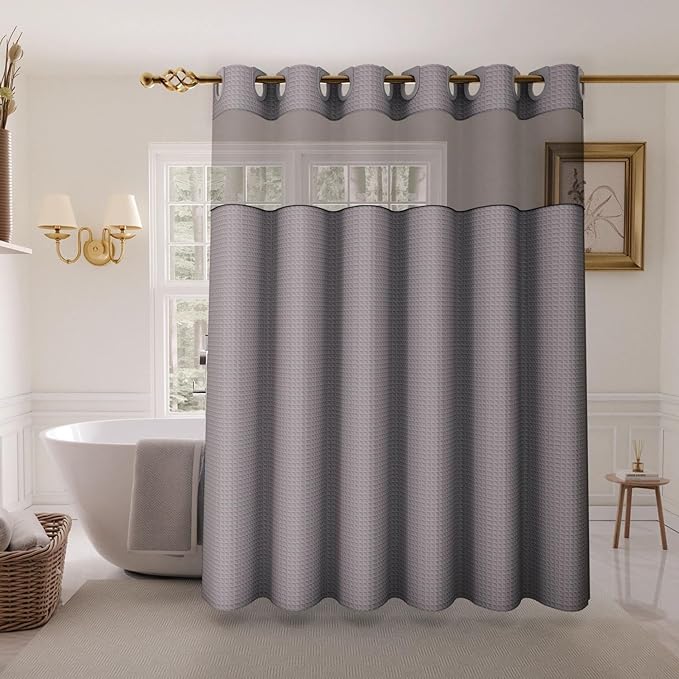 Inhousolu Stall No Hook Shower Curtain with Snap in Fabric Liner Set Waffle Weave 230GSM Weighted Hem, Waterproof & Washable Bathroom Curtain Spa Luxury with Mesh Top Window 36" W x 72" L Grey