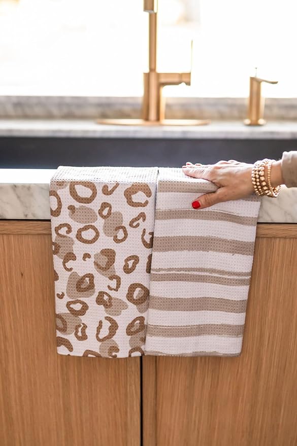 Desert Aqua || 2 Pack Double Sided || Waffle Weave Microfiber || Tea Towels || Highly Absorbent || Hanging Loop || Dish Cloths || Modern || Designer Prints || Double Sided || Cheetah & Stripes