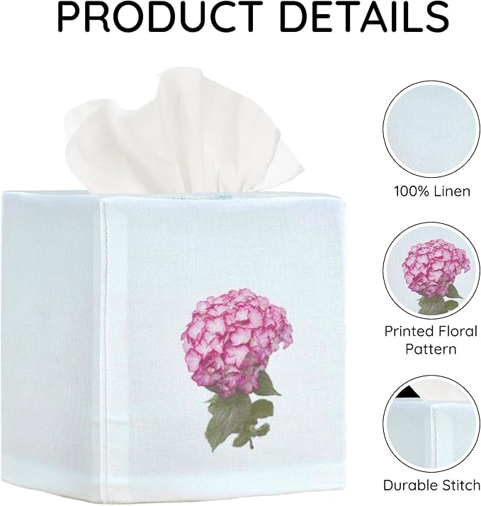 EmbroideryLinen.VN Tissue Box Cover Set of 2, Square Linen Tissue Holder, Printed Floral Design, 4.5x4.5x5.5 Inches, Decorative Holder for Bathroom, Living Room, Office (Tulip & Hydrangea)