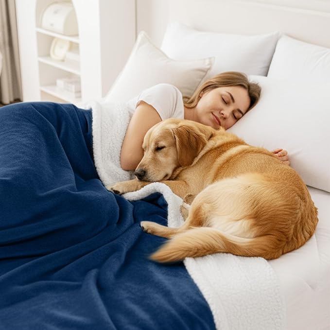 Smiry Waterproof Blanket Throw for Large Dogs, Soft Reversible Dog Blanket for Sofa Couch Bed, Washable Leakproof Sherpa Fleece Furniture Couch Protector(60"x80", Navy/White)