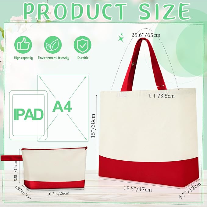Sanwuta Canvas Tote Bags Bulk with Zipper Cosmetic Pouch 18.5" Reusable Cotton Shopping Bag with Handle for DIY Craft