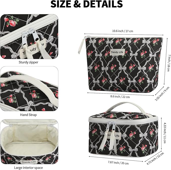 HAOGUAGUA 2 Pieces Makeup Bag, Small Large Quilted Cosmetic Bag, Travel Floral Make Up Toiletry Organizer Bag for Women Girls (2PCS STYLE B-5)