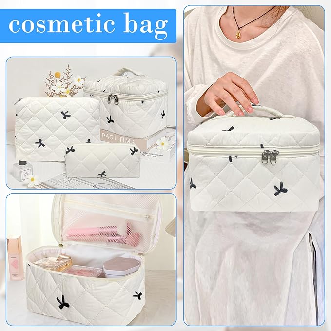 Cozomga Quilted Makeup Bag, Large Capacity Travel Cosmetic Bag for Women and Girls, Aesthetic Storage for Daily and Travel Use (4pcs-embroidered Bow)