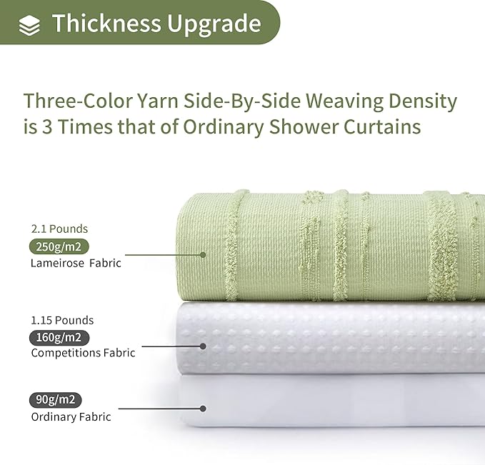 Lameirose Sage Green Shower Curtain Boho, Cotton Blend Waffle Shower Curtain Farmhouse, Fabric Shower Curtains for Bathroom, Hotel, Washable 72 x 72