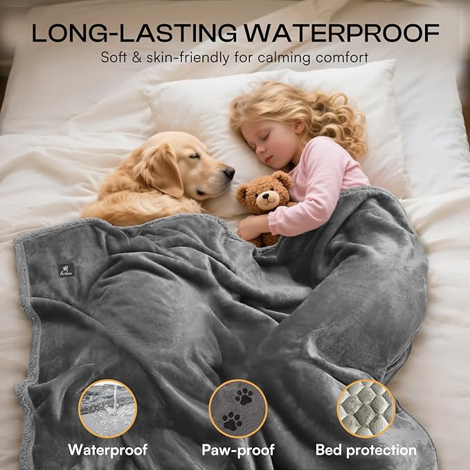 Luciphia Waterproof Bed Blanket Washable, Soft Sherpa Fleece Puppy Reversible Throw Blankets for Small, Medium Dog Cat, Furniture Cover Protector Couch from Liquid Pee and Pet Fur,Light Grey,57" x 40"