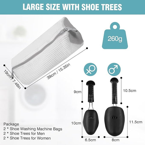 2 Pcs Shoe Washing Machine Bags with 4 Adjustable Shoe Trees, XXL Laundry Bags for Washer and Dryer, Sturdy Zipper with Hook Design, Reusable Cleaning Bag for Sneaker, Tennis (White)