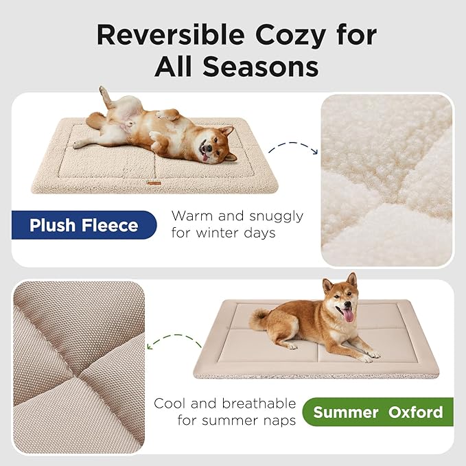 MASSFU Reversible Dog Crate Pad Bed for Large Dogs,Washable & Non-Slip Kennel Pet Mat, High Density Foam and Soft Fleece Cat Bed for Indoor & Outdoor Use, 41" x 28", Cream White