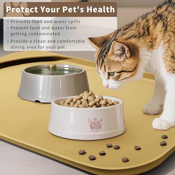Smilool Silicone Pet Food Mat with Raised Edge for Food and Water Bowl, Dog Feeding Mats, Cat Food Trays for Floor Waterproof, Rubber Tray for Dogs and Cats, 22 x 14 x 0.8 Beige