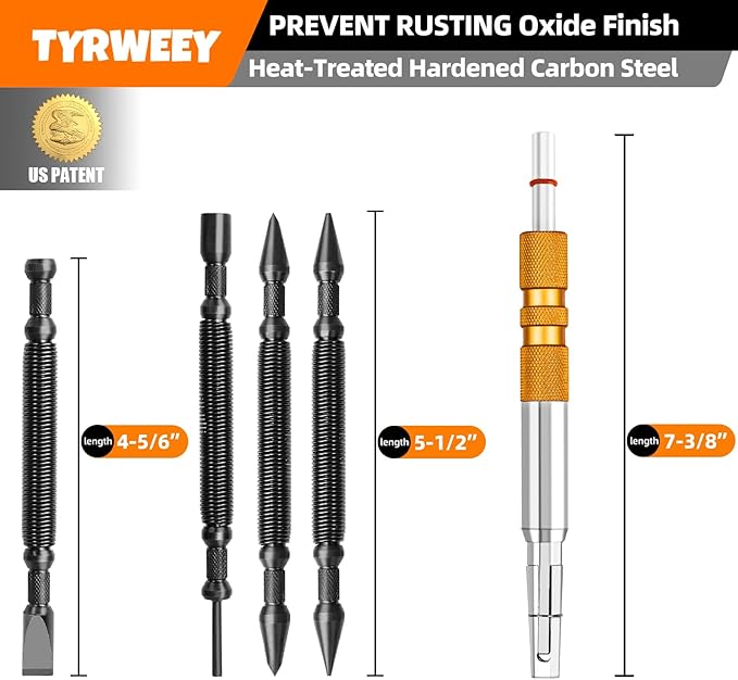 TYRWEEY 5-Piece Nail Setter Dual Head Nail Set & Dual Head Center Punch & Hinge Pin Remover Punch Set, Nail Setter Features 1/8-in, 3/16-in, 1/16-in, 1/32-in & Trim Nail Punch with Retaining Clip