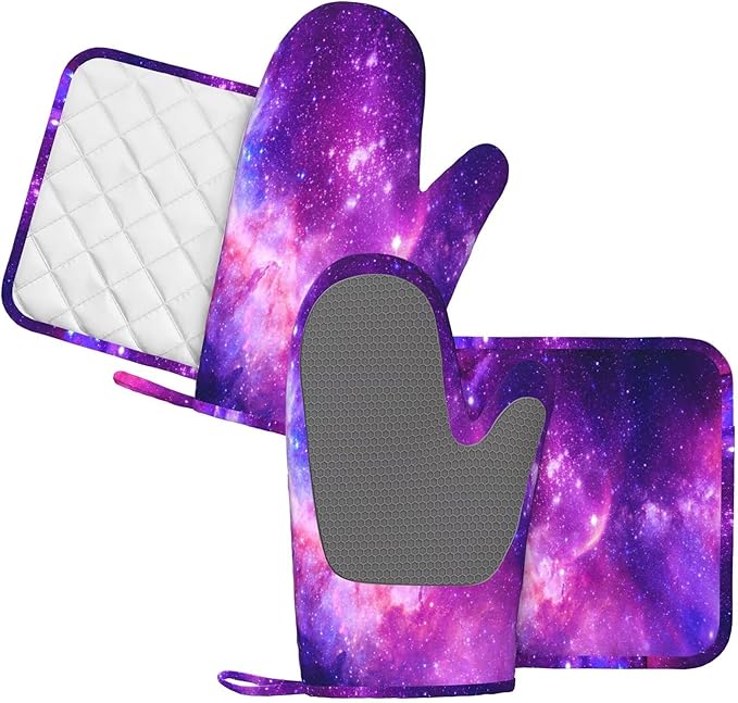 Galaxy Oven Mitts and Pot Holders Set Silicone Heat Resistant Galaxy Star and Nebula Kitchen Gloves Set Nebula Kitchen Mittens Pot Holders for BBQ Cooking Baking Grilling
