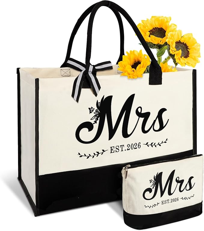 Vanqruo Mrs 2026 Canvas Tote Bag for Bride with Cosmetic Bag, Bride Gifts for Bridal Shower, Wedding Gifts for Bride to Be, Engagement, Bachelorette Party, Honeymoon, Miss to Mrs