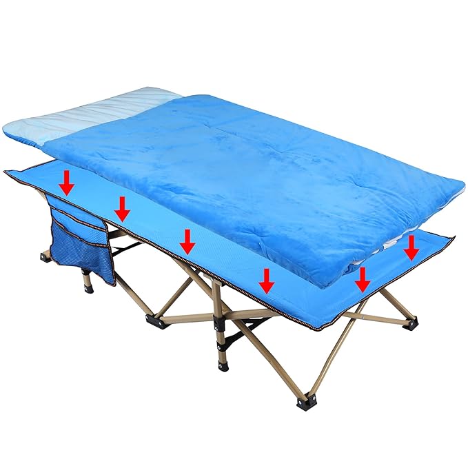 REDCAMP Extra Long Toddler cot with Sleeping Bag, Portable Kids Travel Bed for Sleeping, Blue 53''x26''