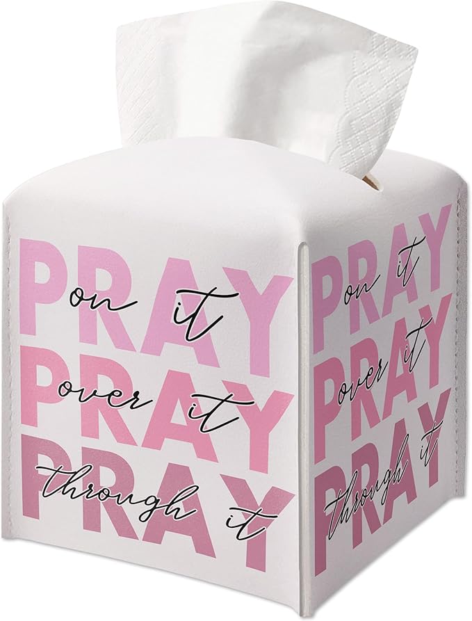 Pink Gifts Tissue Box Cover Square, Inspirational Gift Ideas for Friends, Pray Over It, Skeleton Desk Decor for Bathroom Office, Housewarming New Home Favor-(5.2 Inches)