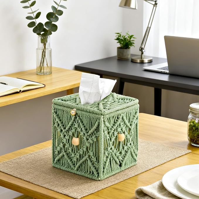 KaloKalo Handmade Tissue Box Cover Decorative Macrame Boho Square Tissue Holder Cotton Rope Woven Napkin Facial Paper Organizer Bohemian Desk Storage Container with Buckle Wood Beads (Light Green)