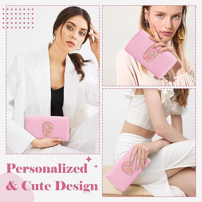 Personalized Initial A-Z Preppy Patch Makeup Bag,Small PU Leather Chenille Letter Cosmetic Bag with Zipper for Teen Girls,Pink Cute Travel Toiletry Bag,Birthday Monogrammed Gift for Daughter,Letter G
