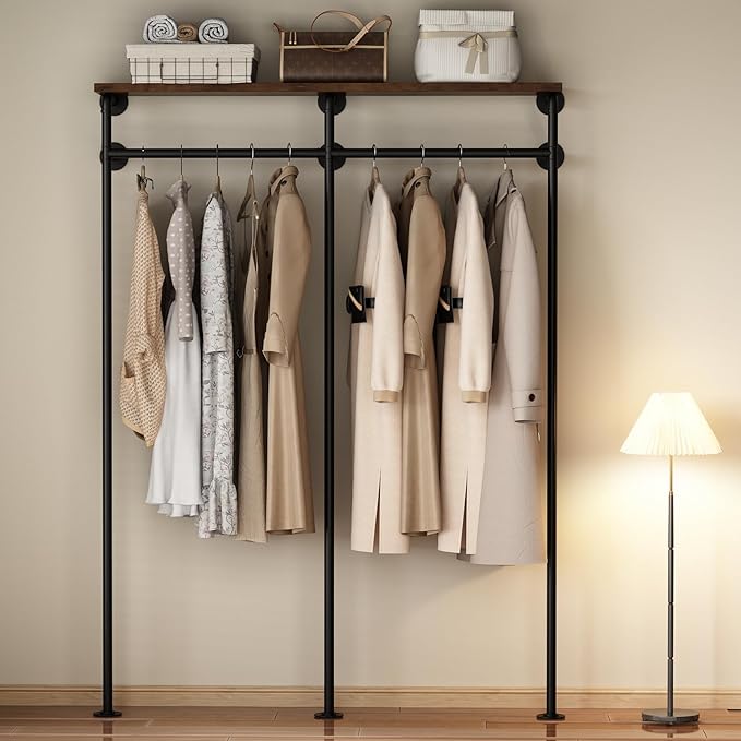 KAILNKISS Industrial Pipe Clothes Rack, Wall Mounted Clothing Rack with Shelves, Heavy Duty Closet Organizers Wardrobe Multi-Purpose Storage Clothes Hanging Shelf-59''L Black