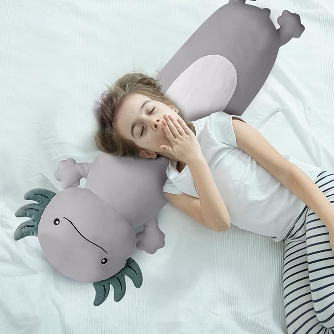 Dalmao 36 inch Cute Giant Grey Axolotl Plush Soft Long Body Pillow, Large Squishy Plushies Axolotl Stuffed Animals Toy, Gifts for Kids Boys Girls Birthday, Halloween, Christmas