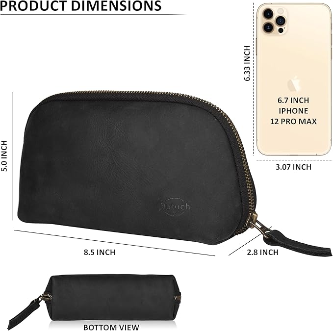 NUTUCH Leather Tech Pouch for Cables Chargers Phone | Tech Bag | Zipper Travel Accessory Pouch | Electronic Organizer Case Travel Bag (Black)