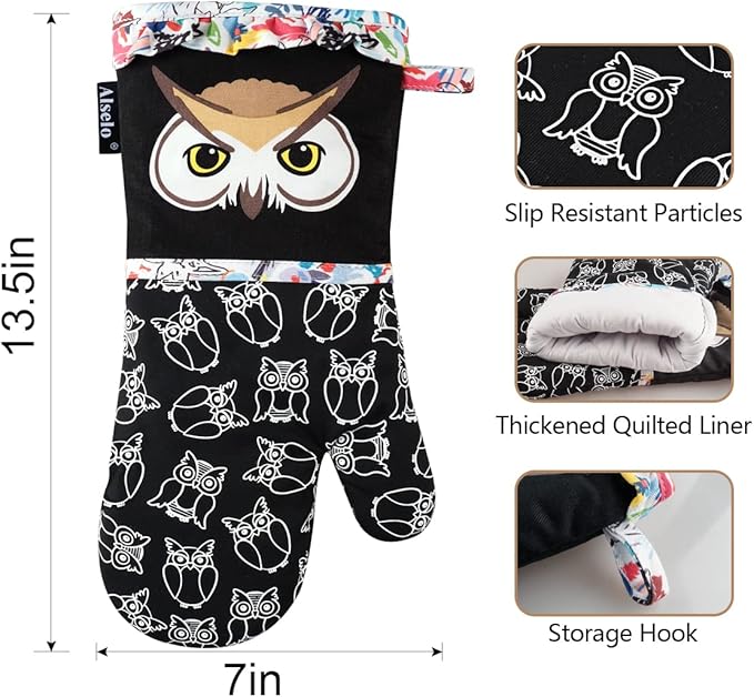 Oven Mitts, Heat Resistant with Soft Quilted Cotton Lining Set of 2, Fashion Animal Design with Silicone Printing Anti-Slip Kitchen Gloves for Safe Backing Cooking Barbecue（Black 2）