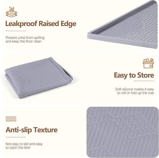 Bartuke Large Cat Litter Mat with Toy Ball, 34'' x 22'' Silicone Cat Litter Trapping Mat for Scatter Control, Soft on Kitty Paws, Easy to Clean (Light Grey)
