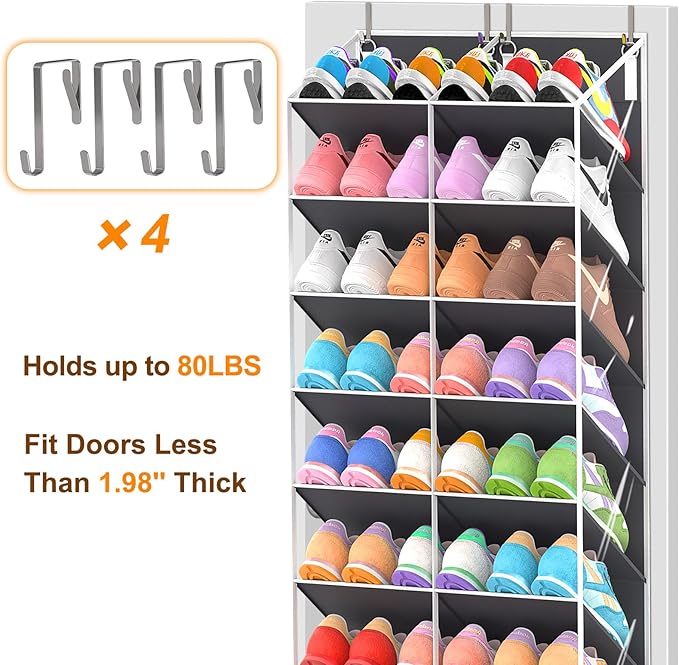 UVIAHOMI 30 Pairs Over the Door Shoe Organizer, Clear Pockets Hanging Shoe Storage for Closet, 10-Tier Door Shoes Rack Storage Fit All the Family's Sneakers, Boots, Heels, Dark Grey