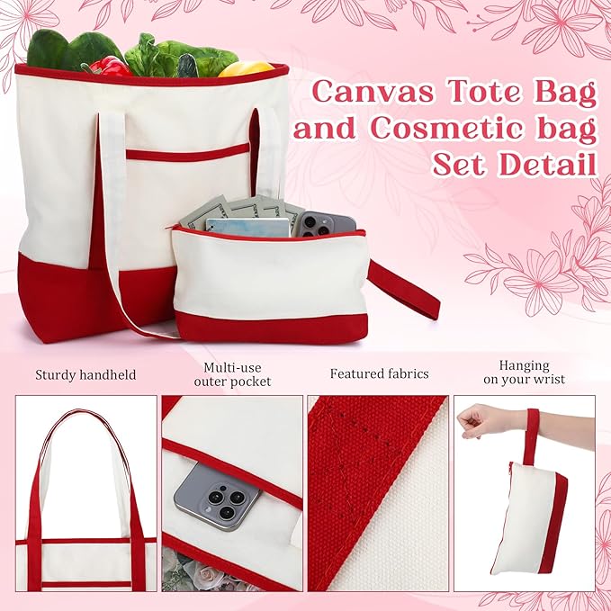 Sanwuta Canvas Tote Bags Bulk with Outer Pocket and Makeup Pouch 18'' Reusable Grocery Bags with Handles for Women Beach DIY