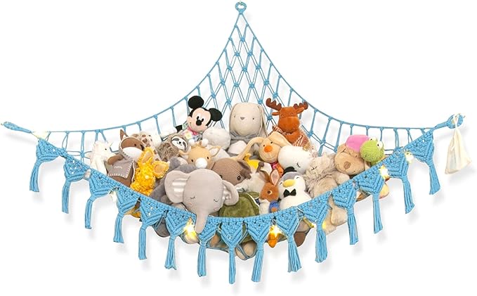 Abby Baby Extra Large Stuffed Animal Storage Hammock Corner with LED Lights – 25LB Capacity Hanging Toy Net for Small or Large Plushies, Boho Macrame Squishmallow, Plush Net, Blue