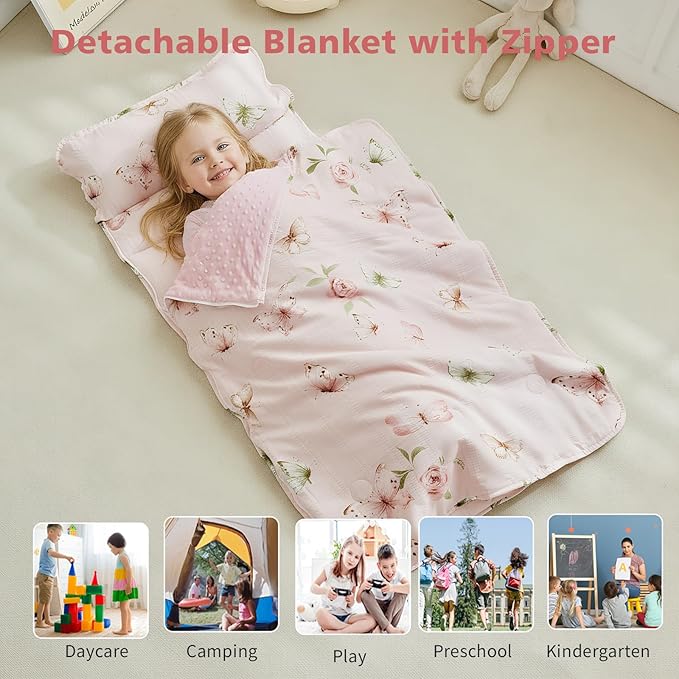 Toddler Nap Mat with Zipper,Detachable Minky Blanket and Removable Pillow,Soft Slumber Bags for Girls,Kids Sleeping Bag for Daycare Preschool Kindergarten,Flower Toddler Sleeping Mat - Butterfly