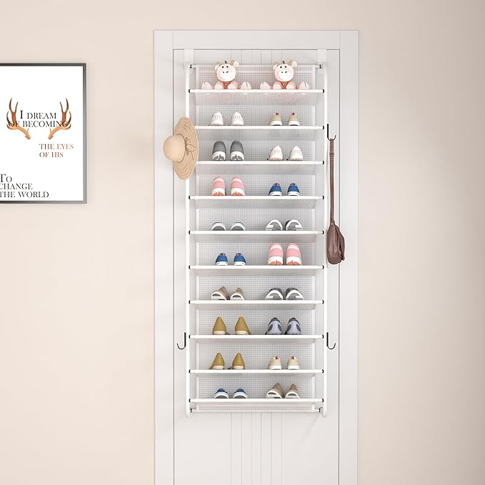 MUOU 10 Tier Shoe rack Hanging Shoe Storage the door shoe rack for Closet Pantry Over The Door Shoe Organizer Wall Floating Shelves (White, 10 Tier)