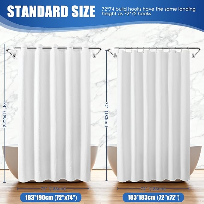 Zemyovia White Waterproof No Hooks Waffle Shower Curtain, 260GSM Heavy Duty Fabric, with 10 Durable Split Grommets, Luxury Hotel Spa Style for Bathroom, Machine Washable, 74 x 72 Standard Size