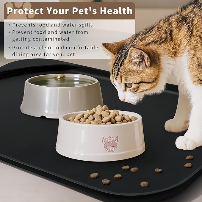 Smilool Silicone Pet Food Mat with Raised Edge for Food and Water Bowl, Dog Feeding Mats, Cat Food Trays for Floor Waterproof, Rubber Tray for Dogs and Cats, 17 x 12 x 0.7 Black