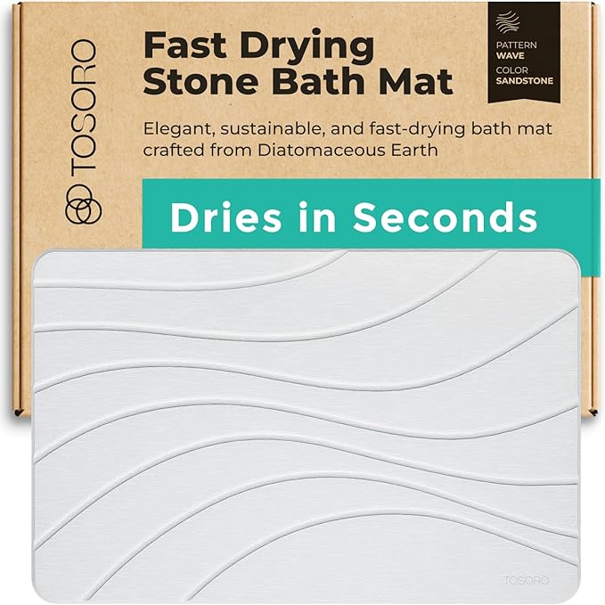 TOSORO - Stone Bath Mat, Diatomaceous Earth Non-Slip Stone Shower Mat - Quick Drying Absorbent Bath Mats for Bathroom - Elegant & Modern Design, Easy to Clean (23.5 x 15) - Sandstone