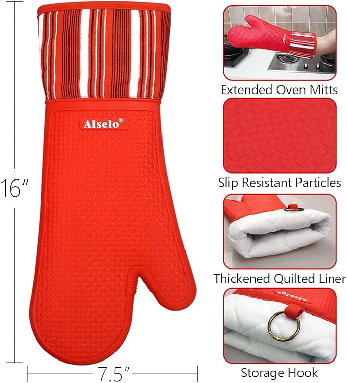 Silicone Oven Mitts Heat Resistant 550 Degree, Extra Long Kitchen Mittens with Non-Slip and Waterproof Pot Holders for Baking Cooking Barbecue Microwave Machine Washable(Extra Long red, 2)