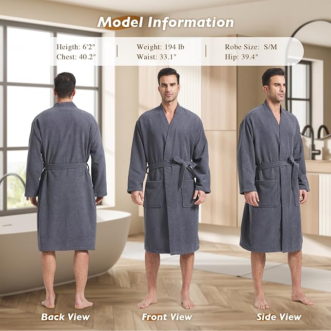 FashGudim Terry Cloth Robes for Men Big and Tall Short Mens Kimono Robe Super Absorbent Spa Bathrobe Calf Length With Pockets