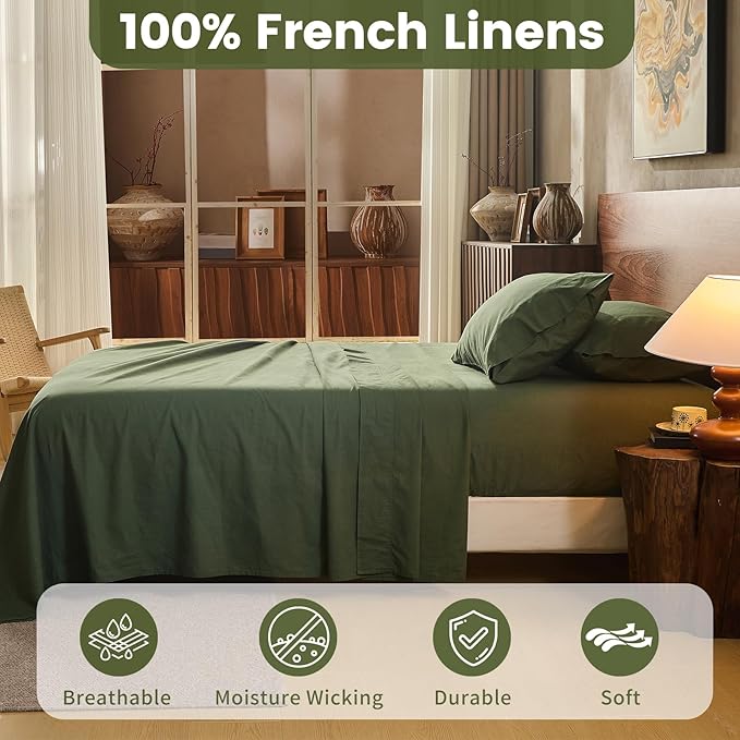 100% Linen Sheets Queen Size,Breathable & Durable 4-Piece Bed Flax Sheet Set,Soft All-Season Bedding for Hot Sleepers 16" Deep Pocket Oeko-TEX Certified,（Queen, Forest Green）
