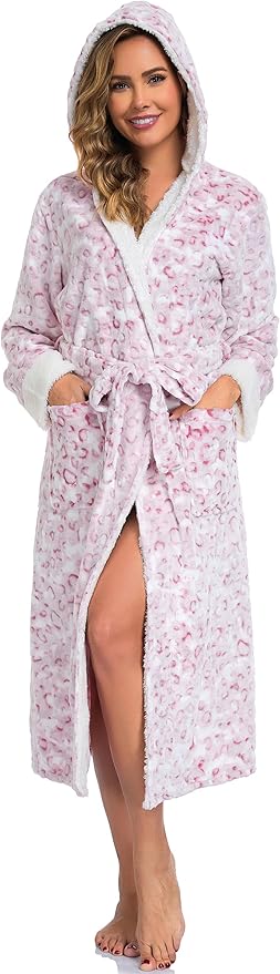 RONGTAI Womens Plush Fleece Hooded Bathrobe, Thick Nightgown Long Robe Sleepwear with Two Side Pockets and Belt