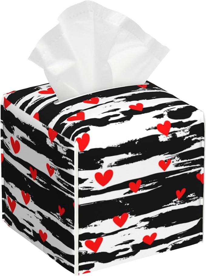 OHEGBXE Tissue Box Holder Red Hearts on Black Brush Stroke Square Leather Tissue Box Cover Modern Cube Facial Paper Cover Case for Bathroom Vanity Countertop Night Stands Tabletop
