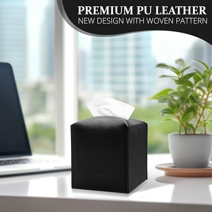 Tissue Box Cover, PU Leather Tissue Box Holder with Bottom Belt, Modern Square Tissue Box Covers with Wide Opening (Black, Woven Patterns)