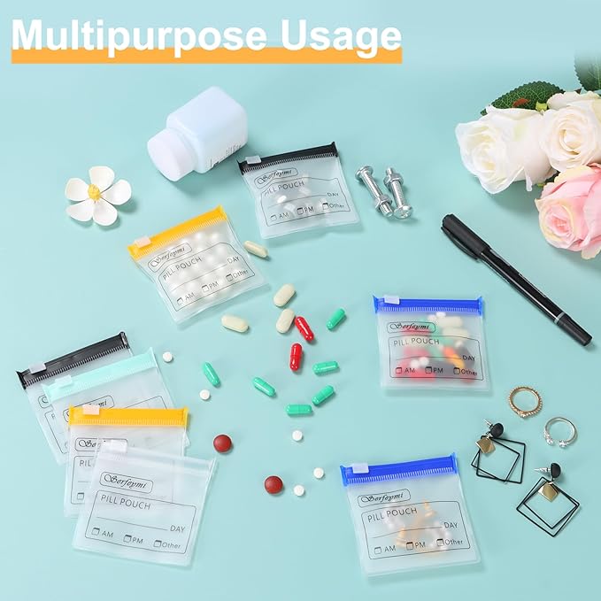 Serfeymi 72 Pcs Pill Pouch Bags for Travel Reusable Plastic Bags 3"x3" 12 mil (Double Sided) Translucent Zipper Pill Pouches for Medicine with Slide Lock & Writable Label, 1x Marker-Green+White