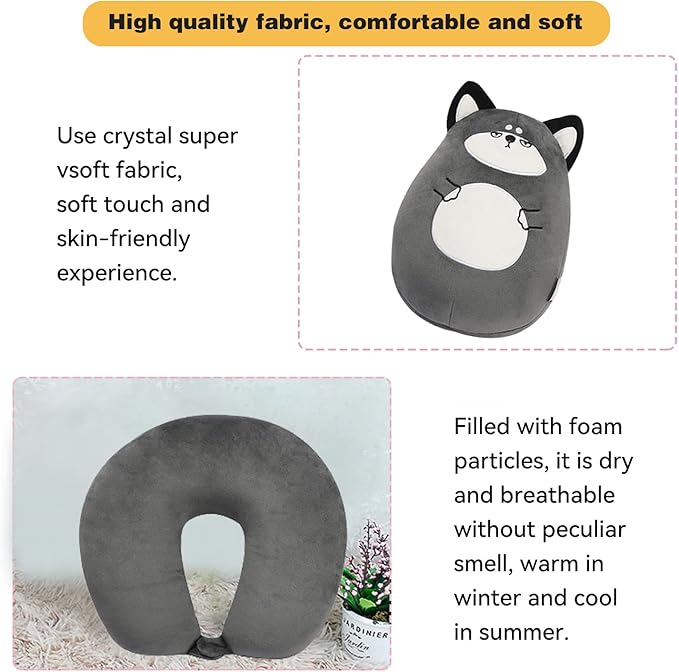 stocaggio Kids Travel Pillow - 2-in-1 Deformable Kids Neck Pillow for Traveling, Soft U-Shaped Pillow with Adorable Animal Design, Comfy Sleep and Play, Ideal for Airplanes and Cars - Gray Husky