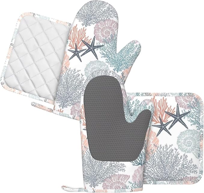 Nautical Coastal Oven Mitts and Pot Holders Set, 4pcs Silicone Starfish Seashell Coral Beach Themed Oven Glove for Kitchen Heat Resistant Oven Mitts and Non-Slip Potholders Orange Purple