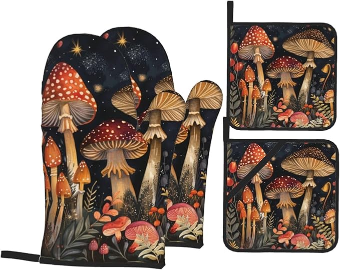 Oven Mitts and Pot Holders Sets of 4 Mushroom Vintage Botanical Kitchen Potholder Gloves Heat Resistant Non-Slip for Chef Baking Cooking Grilling BBQ Mittens