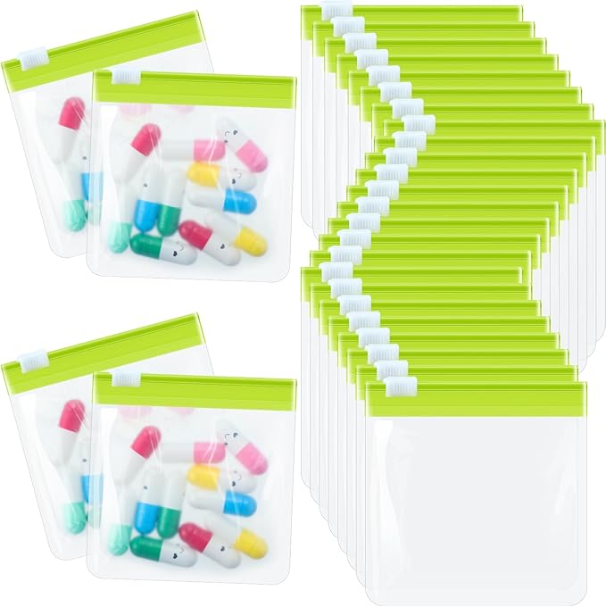 24 Pieces Pill Pouch Bags Zippered Set Reusable Translucent Medicine Organizer Sealing Travel Plastic Bags with Slide Lock for Storage(Green)
